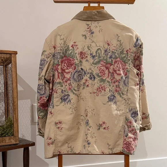 Vintage 1990s Coldwater Creek Floral Barn Chore Jacket with Corduroy Detail - Picture 4 of 6